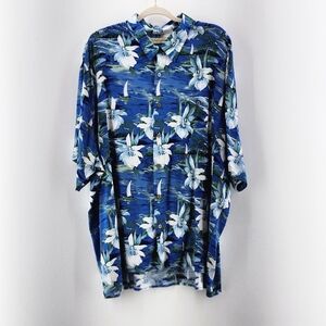 Munsingwear Mens 3XL Hawaiian Shirt Blue Floral Sailboat Rayon Aloha VTG Look